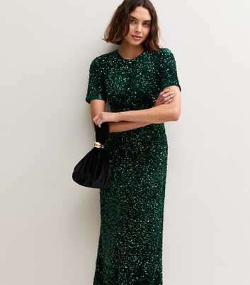 Tall Dark Green Sequin Short Sleeve Midi Dress