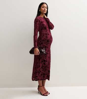 Maternity Dark Burgundy Floral Flocked Long Sleeve Midi Dress