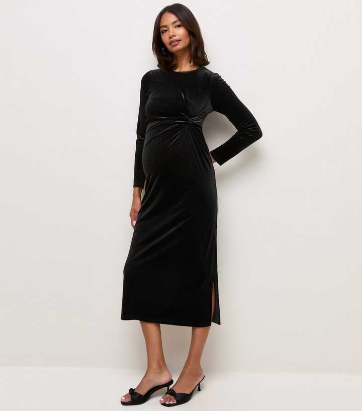 Maternity Black Velvet Knot Front Midi Dress