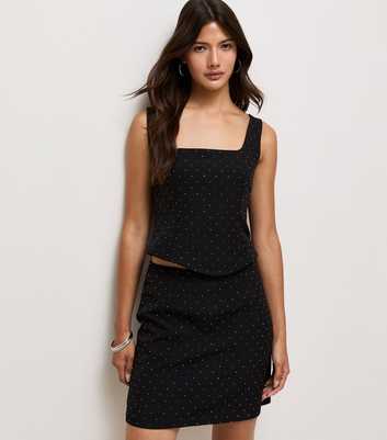 Black Diamante Embellished High Waisted Mini Skirt