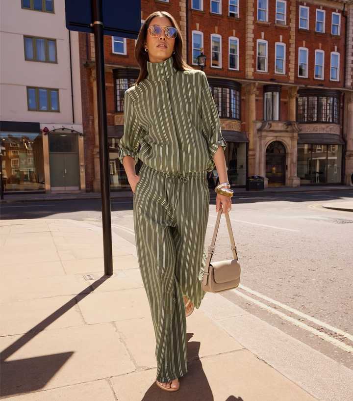 Green Striped Drawstring Wide Leg Trousers