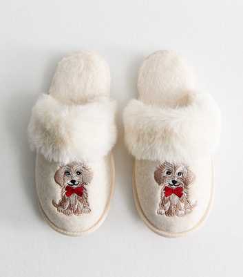 Off White Faux Fur Cockapoo Embroidered Mule Slippers