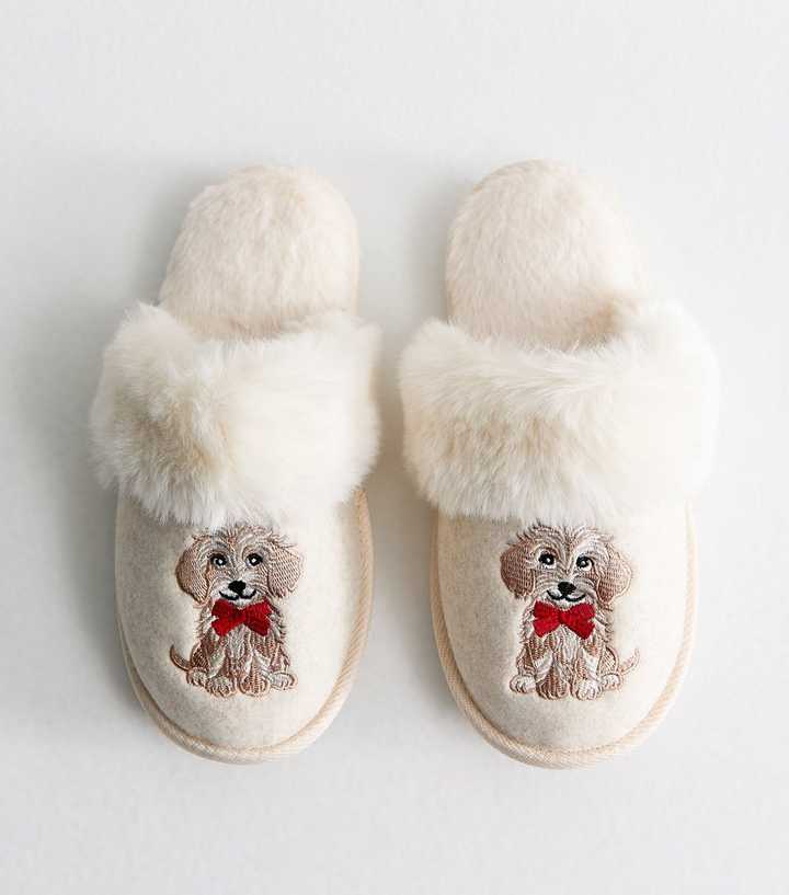 Off White Faux Fur Cockapoo Embroidered Mule Slippers