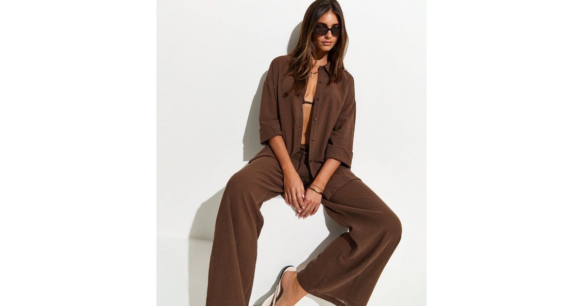 Dark Brown Cotton Slub Beach Trousers