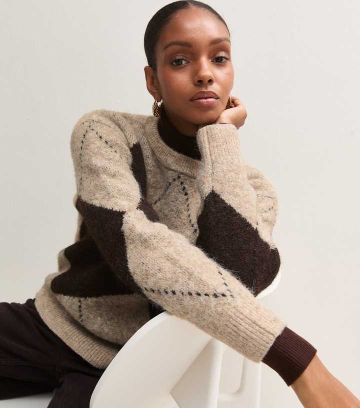 Cream Brushed Argyle Knit Crew Neck Jumper with Wool