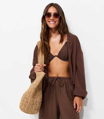 Petite Dark Brown Cotton Wide Leg Slub Trousers