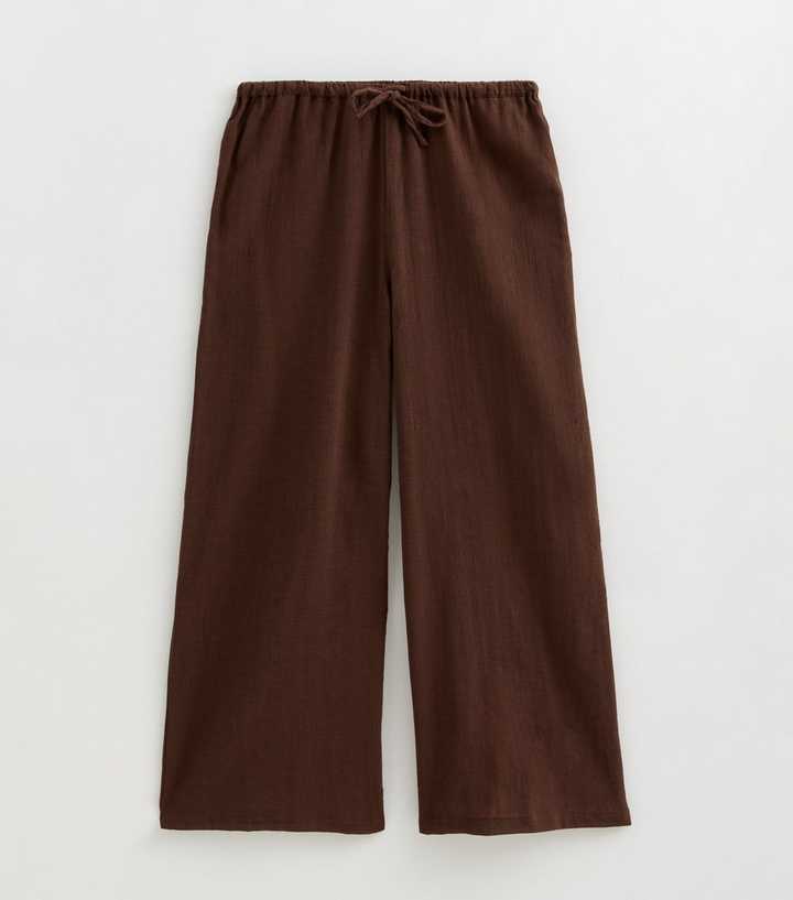 Petite Dark Brown Cotton Wide Leg Slub Trousers