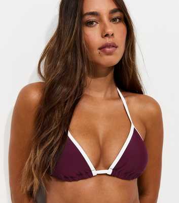 Dark Burgundy Contrast Trim Triangle Bikini Top