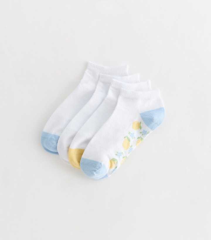 Pack Of 4 White Cotton Rich Lemon and Striped Trainer Liner Socks