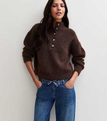Dark Brown Knitted Button Neck Jumper with Wool