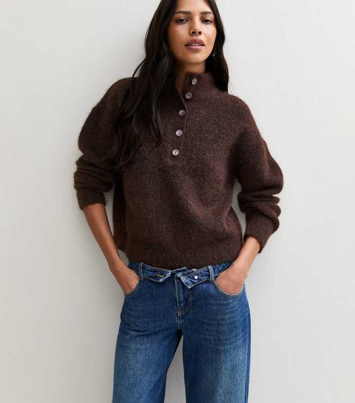 Dark Brown Knitted Button Neck Jumper with Wool