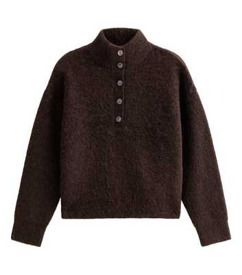 Dark Brown Knitted Button Neck Jumper