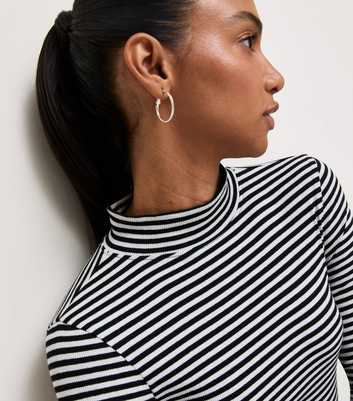 White Cotton Rich Horizontal Stripe Ribbed Stand Neck Top