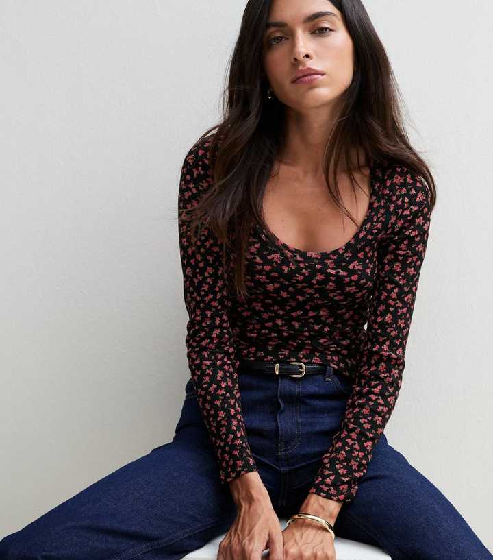 Black Floral Cotton Rich Scoop Neck Long Sleeve Top