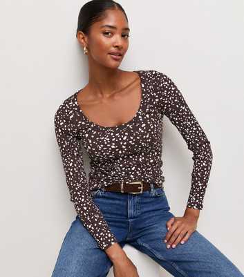 Brown Floral Cotton Rich Scoop Neck Long Sleeve Top