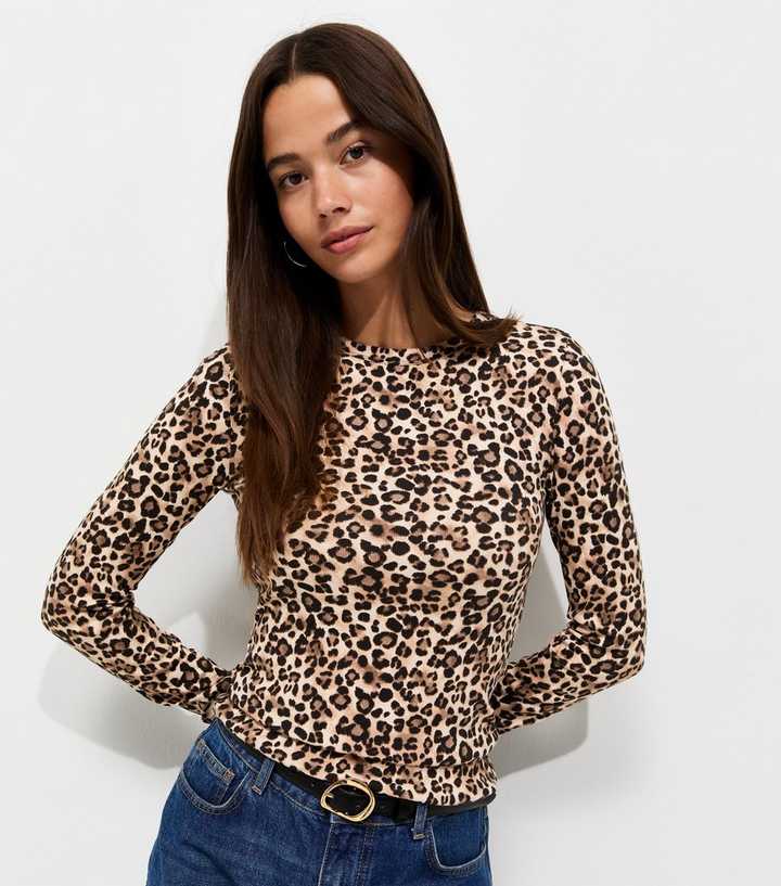 Brown Cotton Rich Leopard Print Long Sleeve Ribbed Top