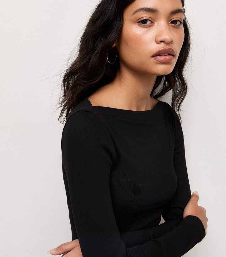 Black Cotton Rich Ribbed Long Sleeve Slash Neck Top