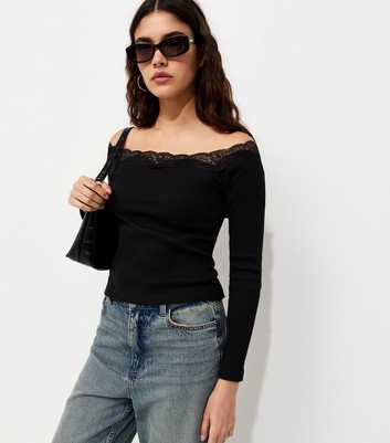 Black Cotton Rich Bardot Lace Trim Long Sleeve Top