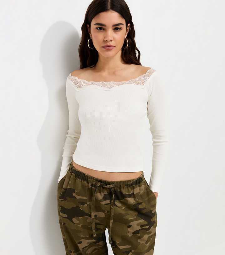 Cream Cotton Rich Bardot Lace Trim Long Sleeve Top