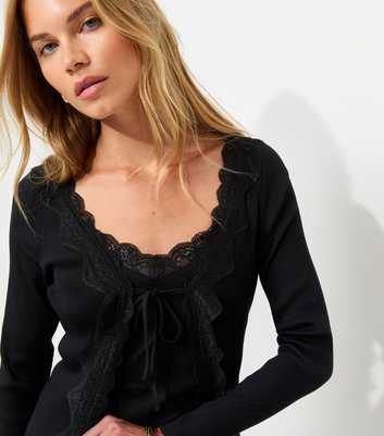 Black Cotton Rich Tie Front Long Sleeve Lace Trim Top