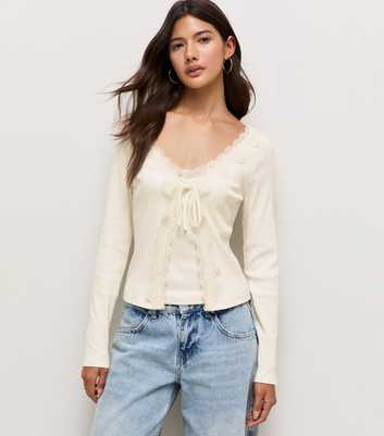 Cream Cotton Rich Tie Front Long Sleeve Lace Trim Top