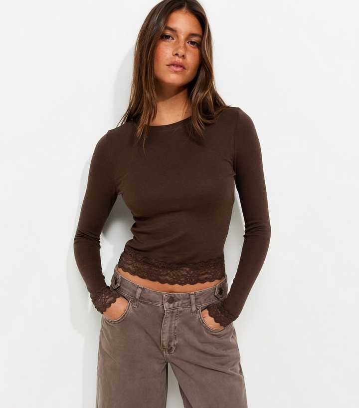 Dark Brown Cotton Rich Lace Trim Long Sleeve Crew Neck Top