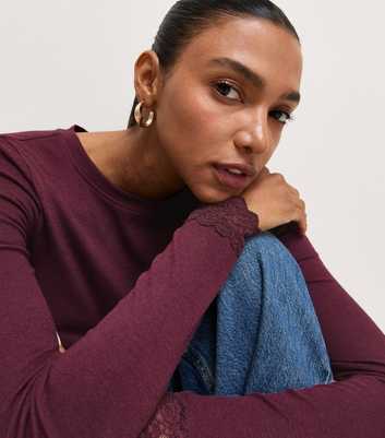 Dark Burgundy Cotton Rich Lace Trim Long Sleeve Crew Neck Top