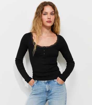 Black Cotton Rich Lace Trim Long Sleeve Henley Top