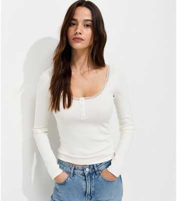 Cream Cotton Rich Lace Trim Long Sleeve Henley Tops