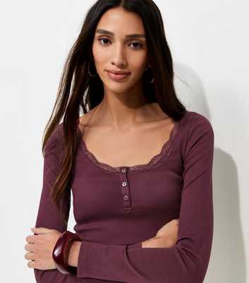 Dark Burgundy Cotton Rich Lace Trim Long Sleeve Henley Tops