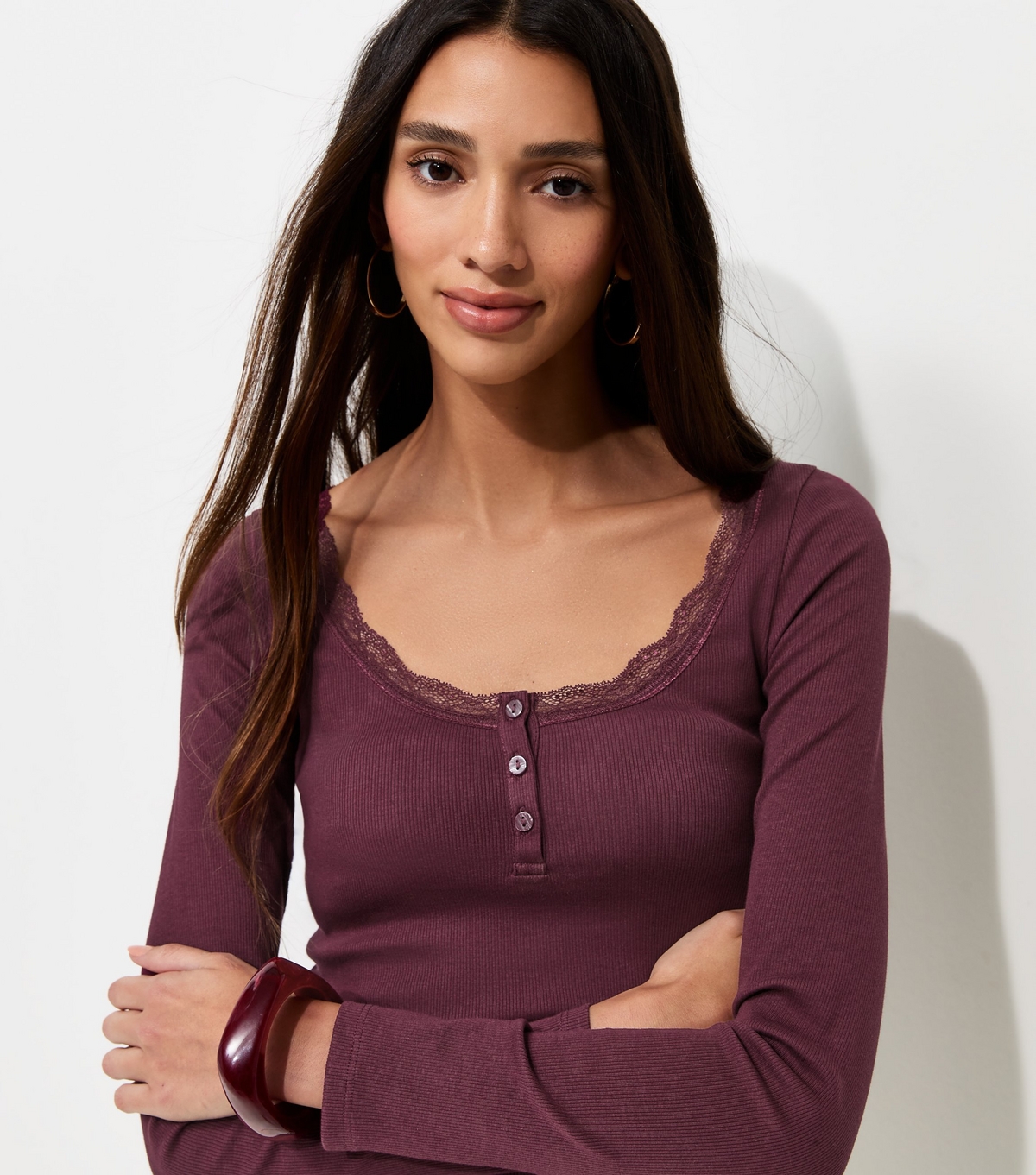Women's Dark Burgundy Cotton Rich Lace Trim Long Sleeve Henley Tops New Look