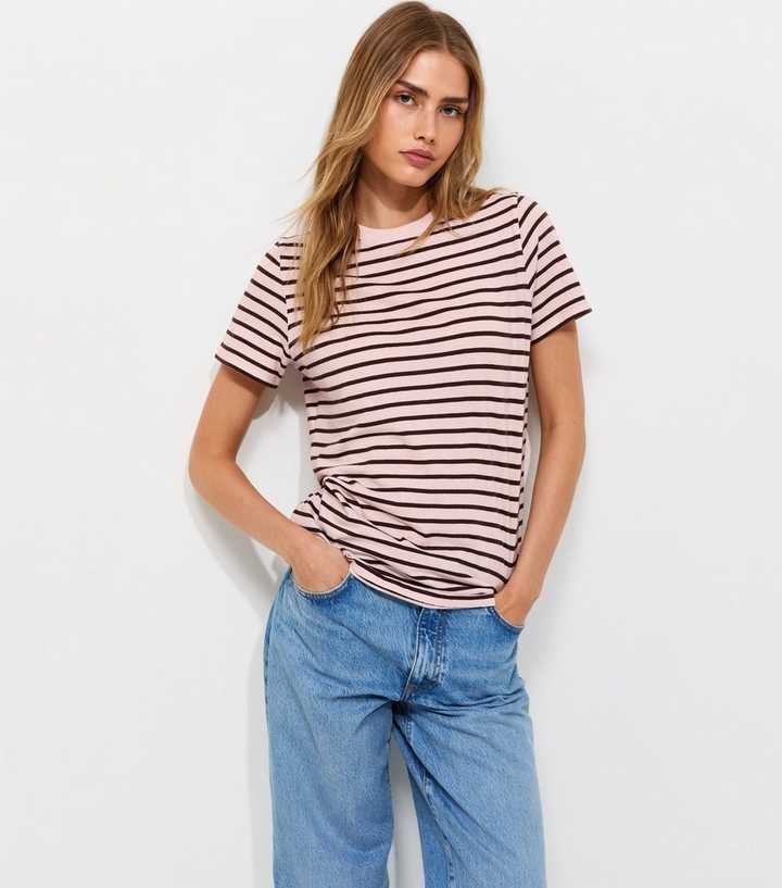 Pink Cotton Striped Relaxed Fit T-Shirt