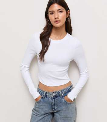 White Cotton Rich Long Sleeve Cropped Crew Neck Top