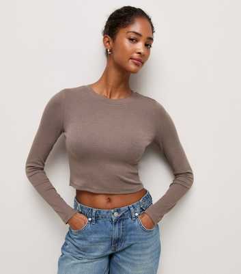 Mink Cotton Rich Long Sleeve Cropped Crew Neck Top