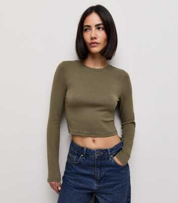 Dark Khaki Cotton Rich Long Sleeve Cropped Crew Neck Top
