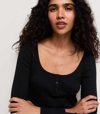 Black Cotton Rich Ribbed Scoop Neck Henley Top