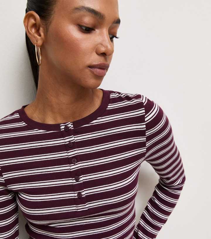 Red Cotton Rich Striped Crop Crew Neck Henley Top