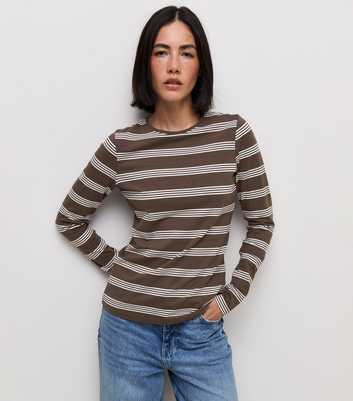 Brown Cotton Rich Striped Long Sleeve Crew Neck Top