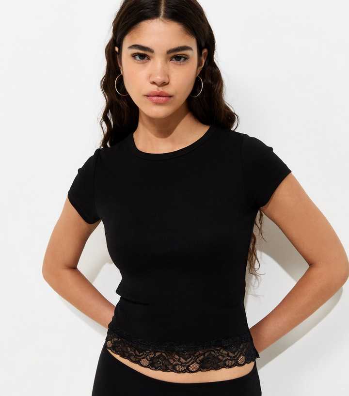 Black Lace Hem Baby Tee T-Shirt