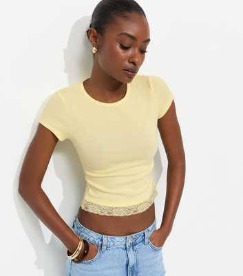 Light Yellow Cotton Rich Lace Hem Baby Tee T-Shirt