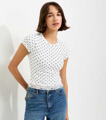 White Cotton Rich Polka Dot Lace Hem Baby Tee T-Shirt