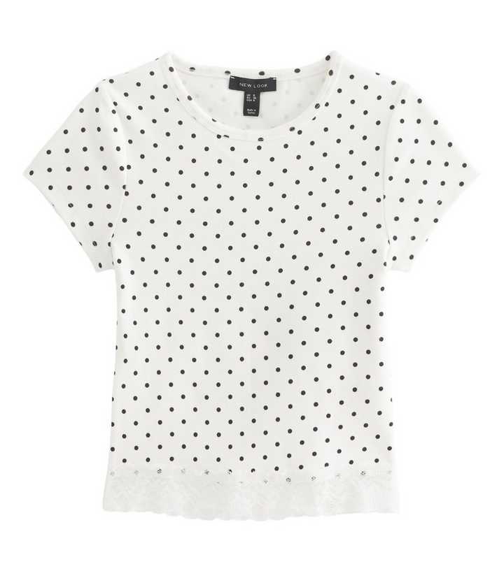 White Cotton Rich Polka Dot Lace Hem Baby Tee T-Shirt