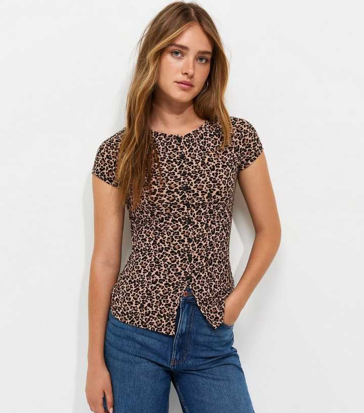 Brown Cotton Rich Leopard Print Button Front T-Shirt