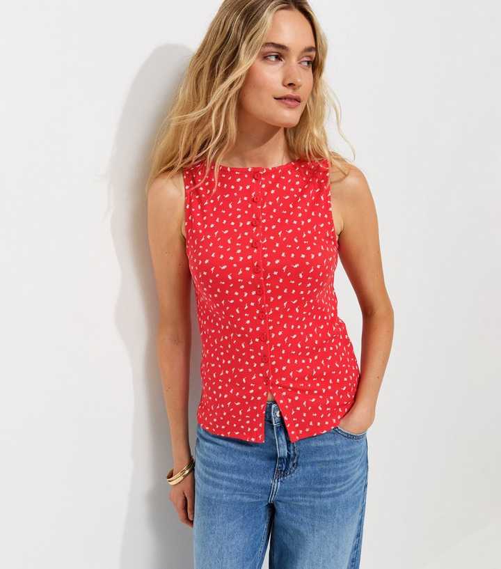 Red Betsy Cotton Rich Ditsy Print Button Through Tank Top