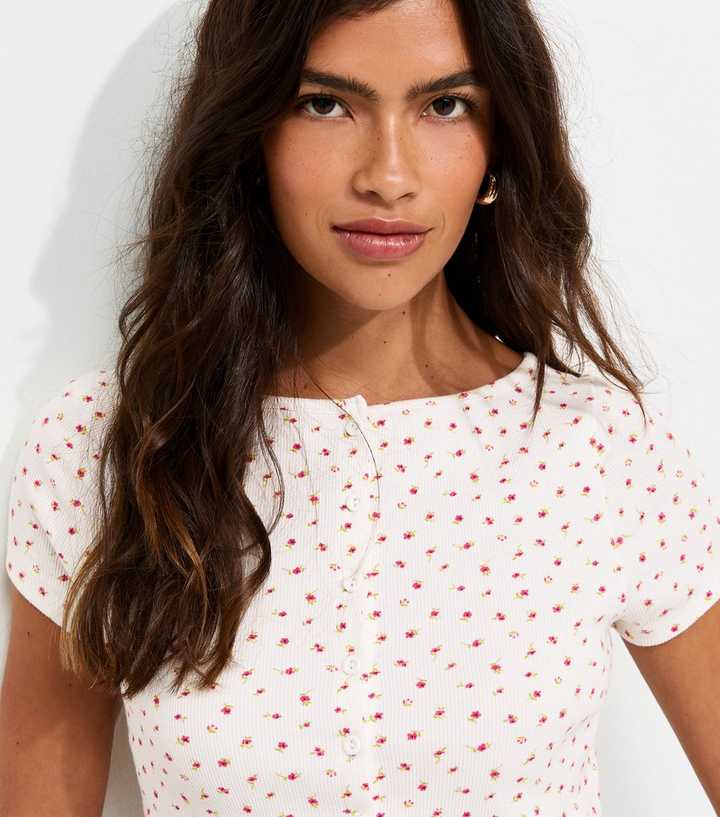 Cream Ditsy Floral Button Through T-Shirt