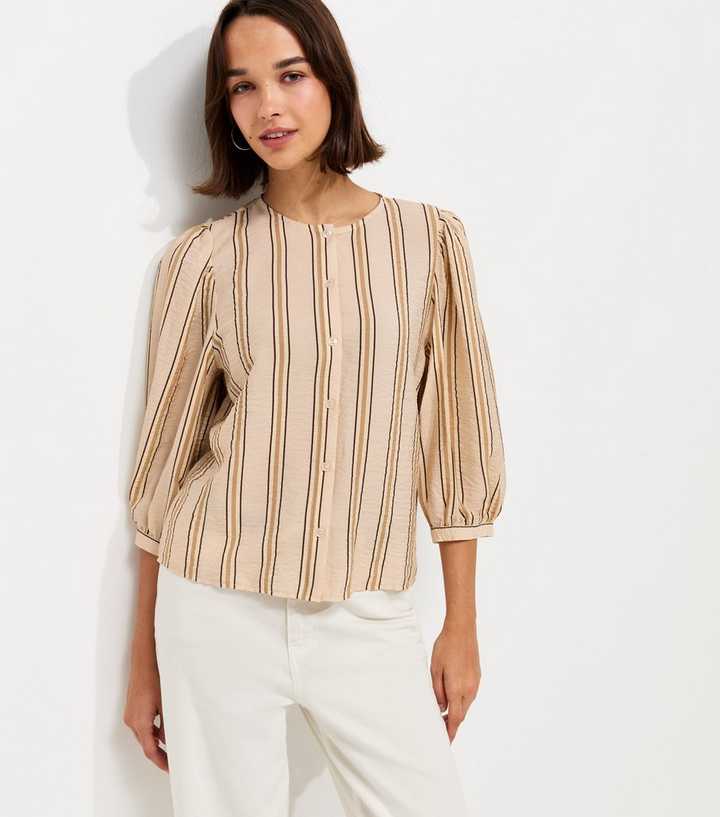 Cream Crinkle Texture Striped Button Front Blouse