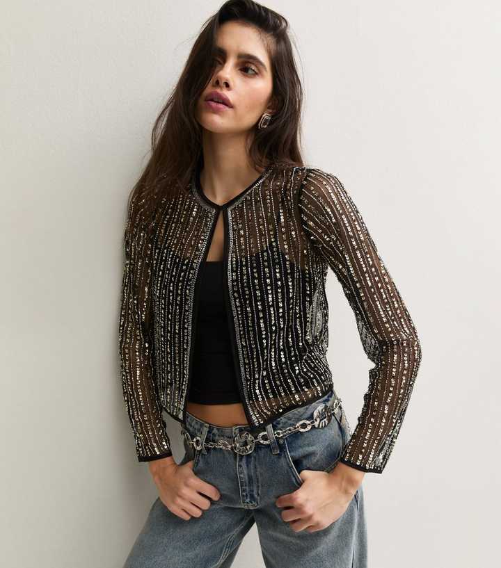 Black Semi Sheer Sequin Embellished Jacket