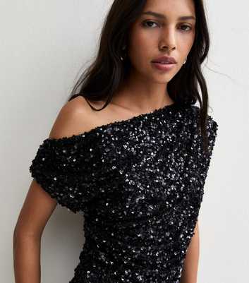 Black Sequin Embellished Fallen Shoulder Top