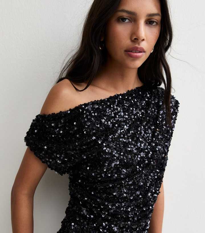 Black Sequin Embellished Fallen Shoulder Top