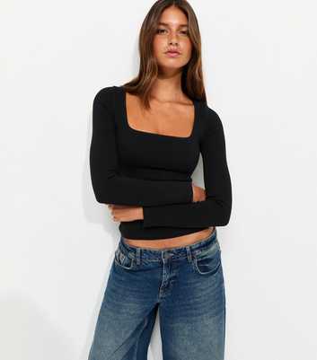 Premium Black Long Sleeve Square Neck T-Shirt